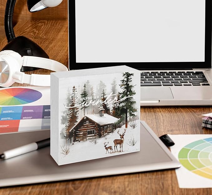 Winter Sign, Winter Christmas Reindeer Wooden Box Sign, Farmhouse Xmas Decorations, Wonderland Decorations, Christmas Wood Signs for Home Office Desk Table Shelf Decor, 6x6 Inch