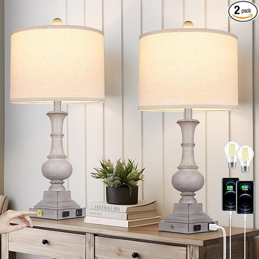 Farmhouse Lamps Set of 2, 26" Vintage Rustic Touch Control Bedside Lamp with USB A+C Ports & AC Outlet, 3-Way Dimmable Boho Nightstand Lamp Washed Resin Linen Fabric Shade for Living Room Bedroom Grey