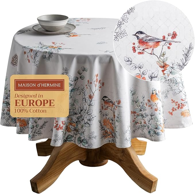 Maison d' Hermine Table Cloth Round Table 100% Cotton 63 Inches Fall Tablecloth Reusable Everyday Use for Thanksgiving Christmas Decorations Dining Farmhouse Party (Whitish Shabby Chique)