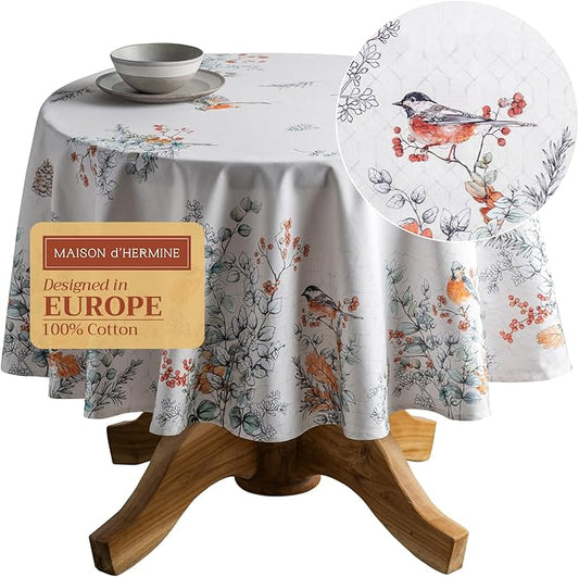 Maison d' Hermine Table Cloth Round Table 100% Cotton 69 Inches Fall Tablecloth Reusable Everyday Use for Thanksgiving Christmas Decorations Dining Farmhouse Party (Whitish Shabby Chique)
