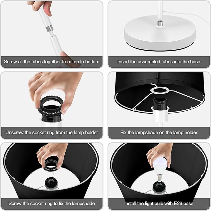 Floor Lamp White, Standing Lamp, 58" Tall Floor Lamp with Black Lampshade, Foot Pedal Switch, Modern Bright Floor Lamps for Living Room/Bedroom/Classroom/Kids Room, White Lamp for Girls' Gift(NO Bulb)