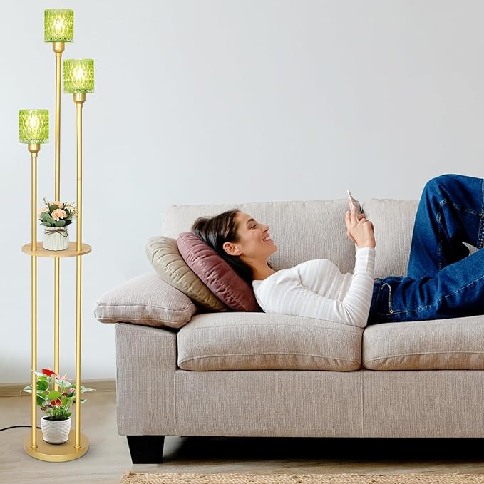 HMVPL MVPL Crystal Floor Lamp with Shelves,Floor Lamps for Living Room (Gold-Green Straight, Glass)