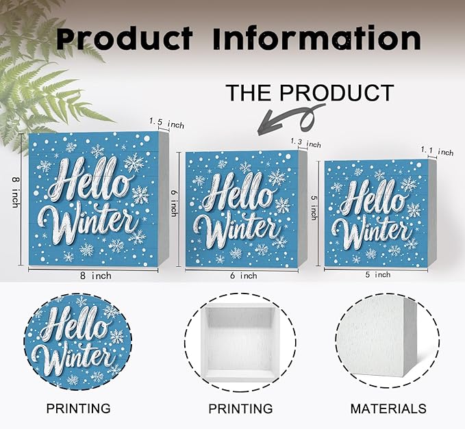 Hello Winter Sign, Blue Winter Snowflake Wooden Box Sign, Blue Christmas Decorations, Farmhouse Christmas Wood Signs for Home Office Desk Table Shelf Decor, 6x6 Inch