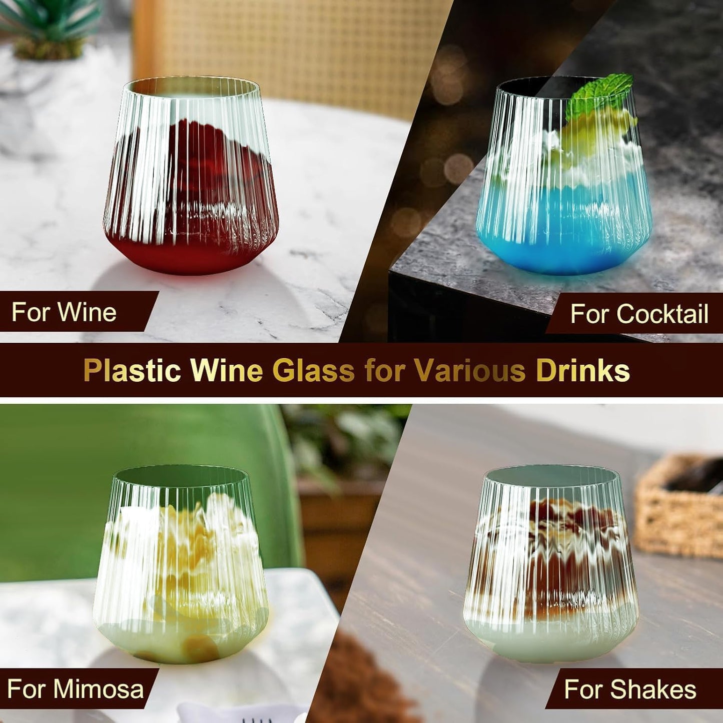 40 Pack Plastic Ribbed Wine Glasses, 14Oz Origami Disposable Wine Glasses Unbreakable Clear Plastic Cocktail Glasses Recyclable Shatterproof Reusable Wine Cups (14oz-green-40pack)