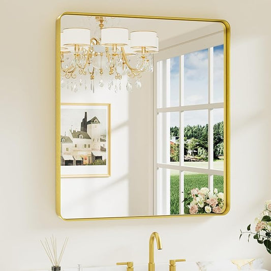 Keonjinn Gold Bathroom Mirrors for Over Sink, 32” x 36” Rounded Rectangle Brushed Gold Vanity Mirror, Anti-Rust Brass Mirror with HD Tempered Glass, Decorative Farmhouse Mirrors, Horizontal/Vertical