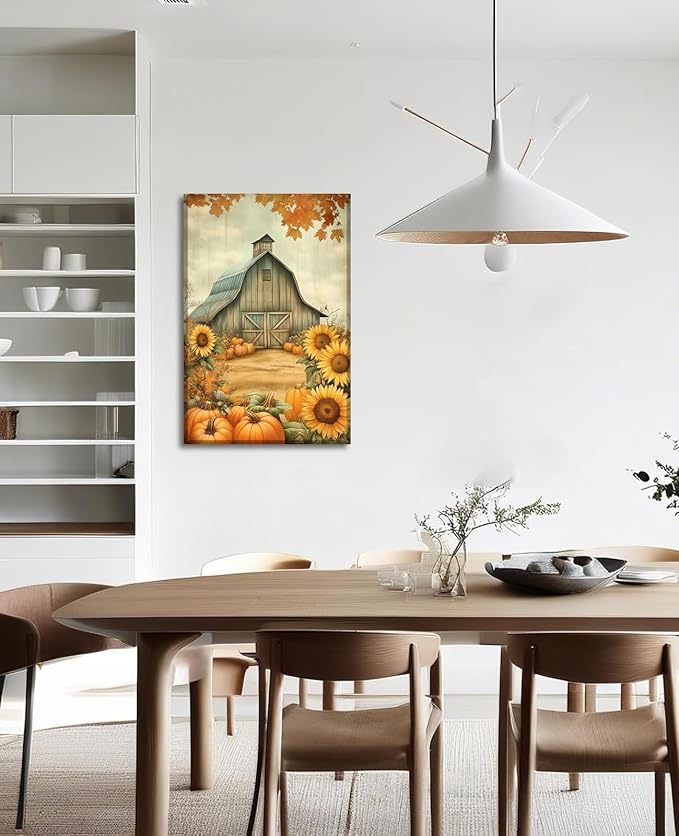 LYUNSHUO Canvas Wall Art Pumpkin Wall Decor Rustic Farmhouse Picture Old Barn Painting Sunflower Poster Autumn Harvest Vintage Artwork for Home Decor Frame - 24"x36"