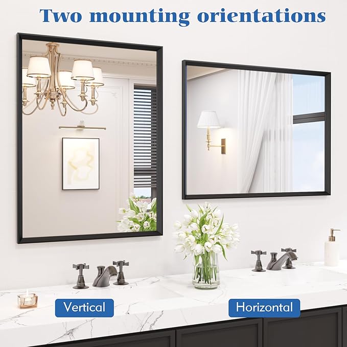 Rectangle Bathroom Mirror 40x30 Inch, Matte Black Framed, 4MM Tempered Glass, Anti-Rust, Wall-Mount Vanity Mirror for Bathroom & Bedroom, Hangs Horizontally or Vertically