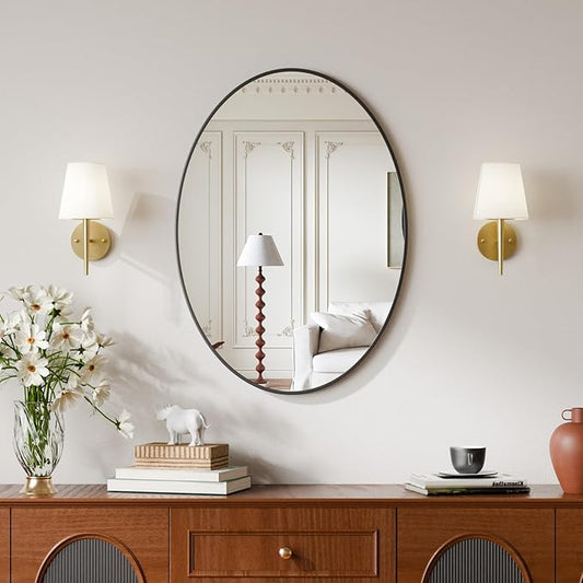 20"x28" Oval Bathroom Mirror with Black Metal Frame - Oval Wall Mirror Hanging or Leaning Vertical or Horizontal for Bedroom, Living Room, Entryway