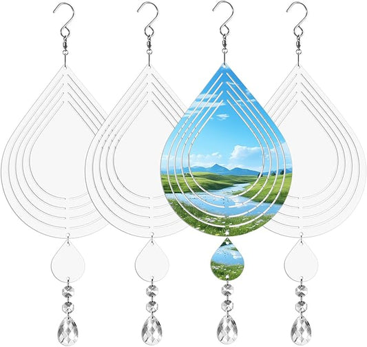 Sublimation Wind Spinner Blanks 8 Inch 4 Pack Wind Spinners Sublimation Blanks with Crystal Pendant Aluminum Metal Wind Spinners for Yard Garden Indoor Outdoor Window Porch Decoration（Waterdrop
