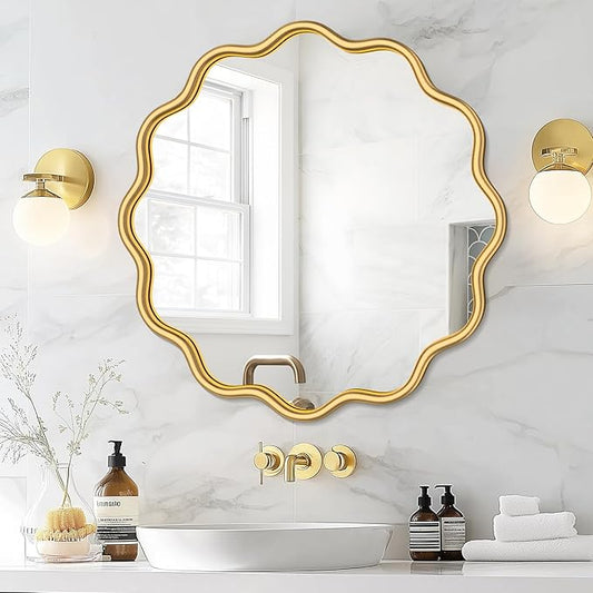 PROHOMEWARE Gold Round Mirror 24 Inch Wavy Bathroom Vanity Mirror Gold Frame Modern Wall Mirror Decorative Wall-Mounte Anti-Rust, Tempered Glass