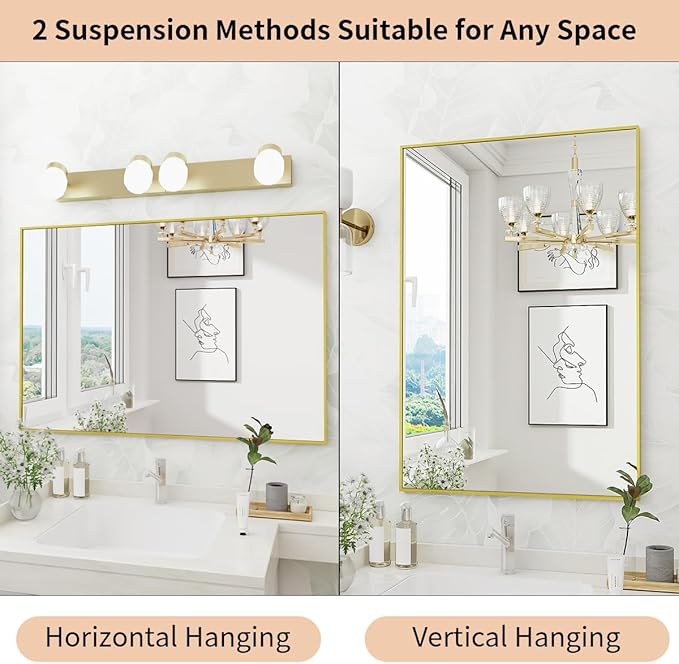 Koonmi Gold Mirrors for Wall, 36x48 Inch Bathroom Mirror, Rectangular Wall Mirror for Living Room Bedroom Bathroom, Hangs Horizontally or Vertically