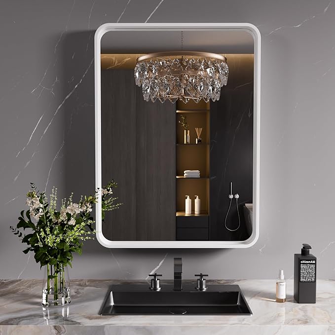 White Bathroom Mirror 20x30 Inch, White Metal Framed Bathroom Mirror for Wall, Rounded Rectangle Matte Bathroom Vanity Mirror, Tempered Glass, Anti-Rust, Horizontal/Vertical