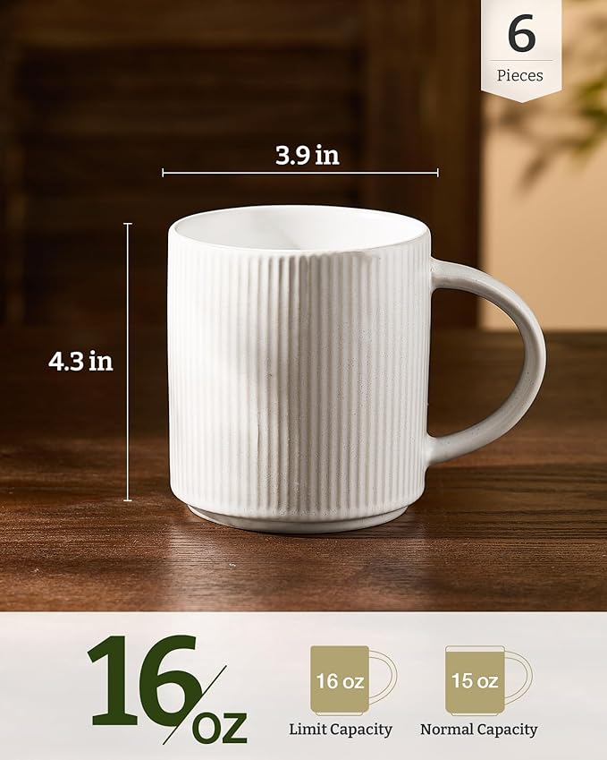 famiware Coffee Mug Set for 6, Star 16 oz Catering Mugs Cup Set with Handle for Coffee, Tea, Cocoa, Milk - Ceramic Stoneware Drinkware Set, Matte White + Matte Dark Charcoal