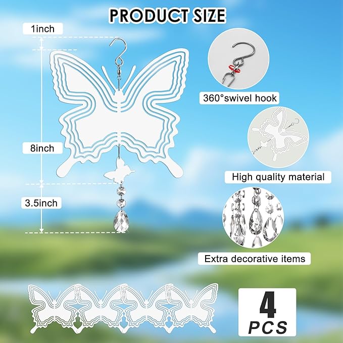 Sublimation Wind Spinner Blanks 8 Inch 4 Pack Wind Spinners Sublimation Blanks with Crystal Pendant Aluminum Metal Wind Spinners for Yard Garden Indoor Outdoor Window Porch Decoration（Butterfly
