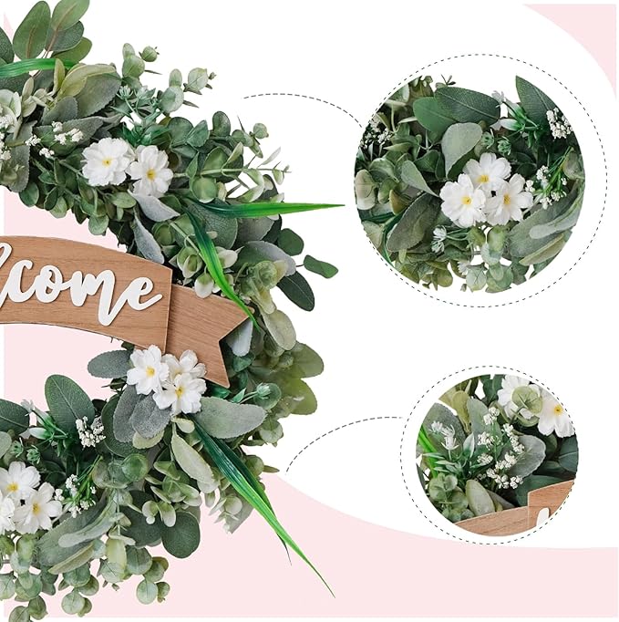 24 Inch Spring Everyday Lamb Ear Green Leaves Wreath for Front Door, Artificial Boxwood Leaves White Wild Flower Wreath for Indoor Outdoor, Welcome Wood Sign Flower