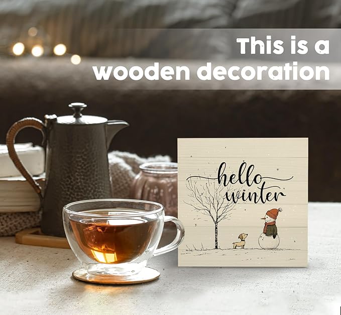 Hello Winter Sign, Winter Decorations for Home, Christmas Snowman Snowflake Wooden Box Sign, Snowman Christmas Wood Signs for Home Office Desk Table Shelf Decor, 5x5 Inch