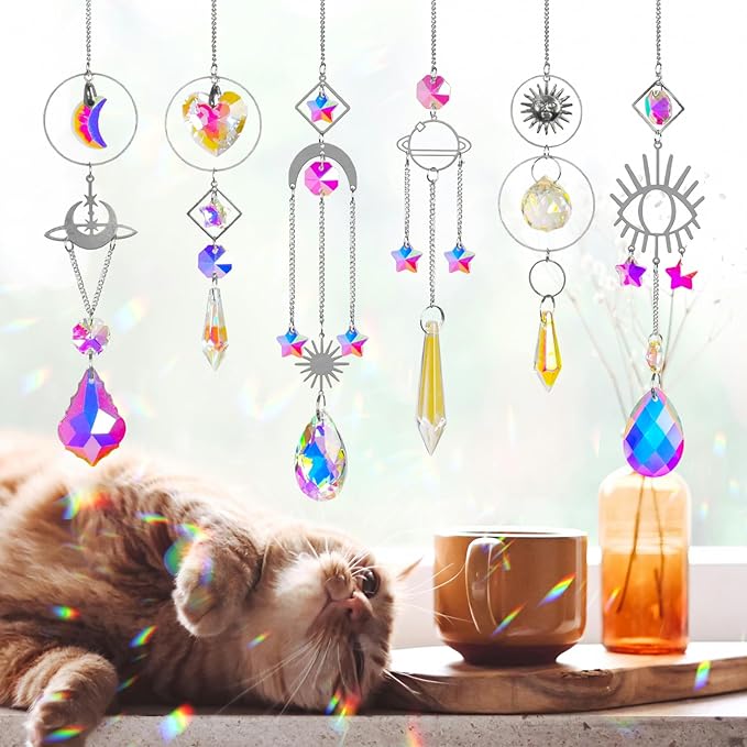 Sun Catchers 6Pieces Colorful Crystals Suncatcher with Chain Pendant Ornaments Hanging Crystals Prism Rainbow for Window Home Indoor Outdoor Car Mirror Garden Christmas Day Party Wedding Decoration