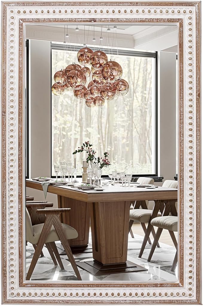 35x23 Inch Boho Wooden Rectangle Wall Mirror, Rustic Farmhouse Rectangular Mirrors for Bathroom, Bedroom, Living Room, Entryway Decorative - Vertical or Horizontal Hanging