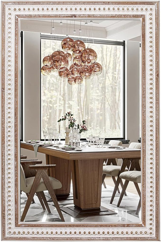 35x23 Inch Boho Wooden Rectangle Wall Mirror, Rustic Farmhouse Rectangular Mirrors for Bathroom, Bedroom, Living Room, Entryway Decorative - Vertical or Horizontal Hanging