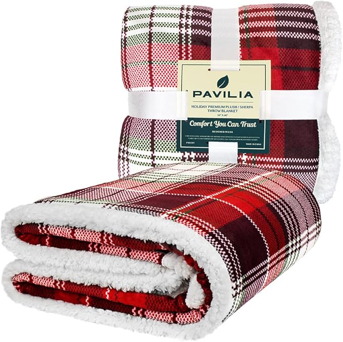 PAVILIA Red Green Christmas Plaid Sherpa Throw Blanket, Holiday Fleece Blanket 50" x 60", Soft Flannel Plush Throw for Couch, Sofa & Bed, Festive Winter Home Decor, Cozy