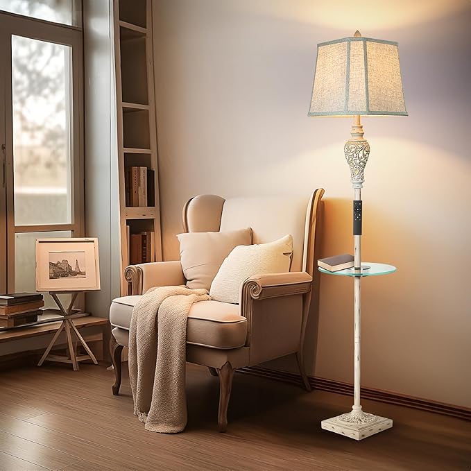 Rustic Floor Lamp, Living Room Lamps with Glass Tray, stepless diming Floor Lamp with Remote Control and USB A&C Charging Ports for Living Room Bedroom Office Smart Bulbs Included