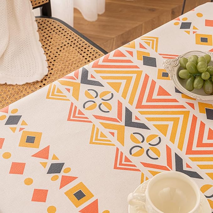 Waterproof Tassels Tablecloth, Bohemian Orange Colorful Table Cloth,White Black,Rectangle for 8 Foot,Fall Summer Dining Table Cover,Mexican,Indoor Outdoor,Farmhouse,Cute Vintage,Cotton