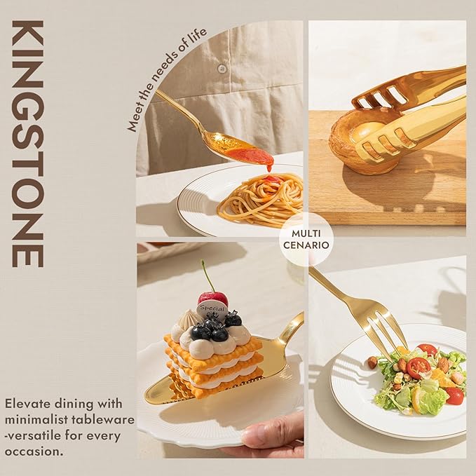 KINGSTONE Large Hostess Gold Serving Utensils Set, Heavy Duty 18/10 Stainless Steel - 10 inch Serving Spoons, Slotted Spoons, Forks, Tongs, Cake Pie Server for Buffet, Wedding, Party