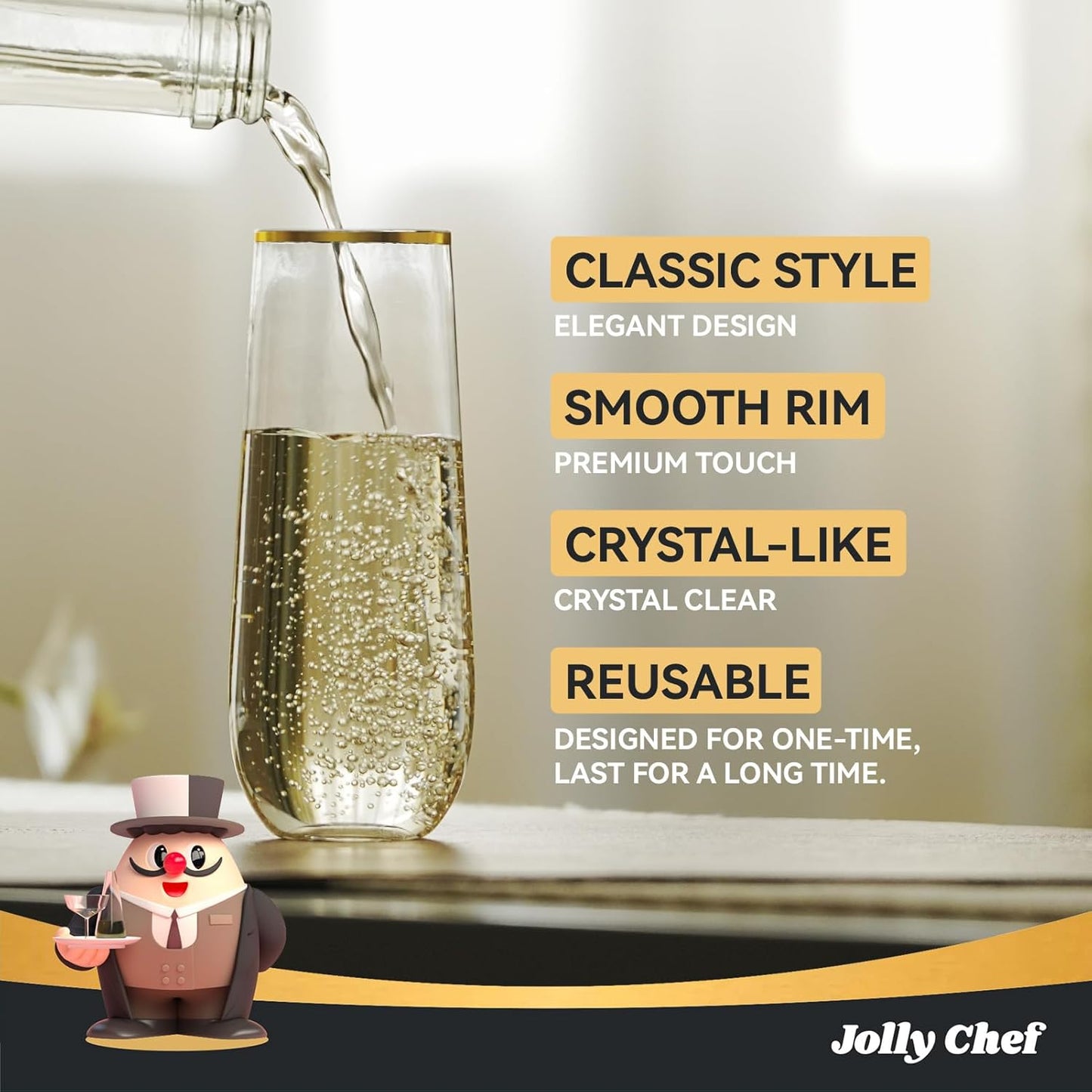 JOLLY CHEF 48 Pack Plastic Champagne Flutes, 9 oz Gold Stemless Champagne Flutes, Plastic Champagne Glasses, Shatterproof Recyclable Mimosa Glasses for Party Wedding Birthday