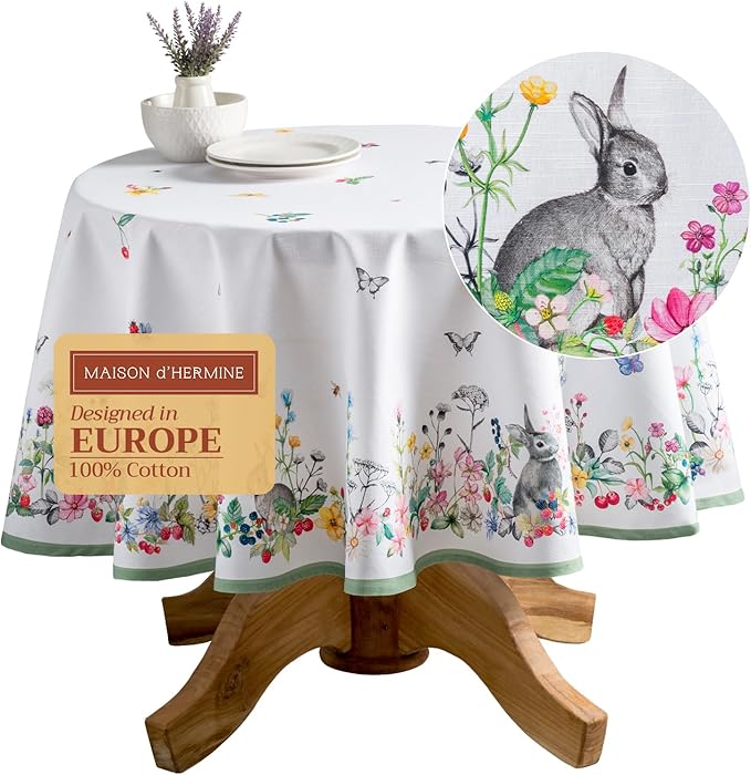 Maison d' Hermine Table Cloth Round Table 100% Cotton 63 Inches Tablecloth Reusable Decorative Everyday Use for Dining Room, Farmhouse, Home, Party, Festive & Wedding Spring Summer - Printemps