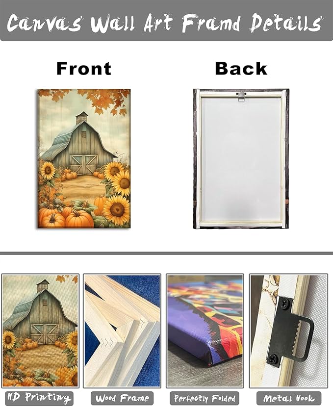 LYUNSHUO Canvas Wall Art Pumpkin Wall Decor Rustic Farmhouse Picture Old Barn Painting Sunflower Poster Autumn Harvest Vintage Artwork for Home Decor Frame - 12"x18"