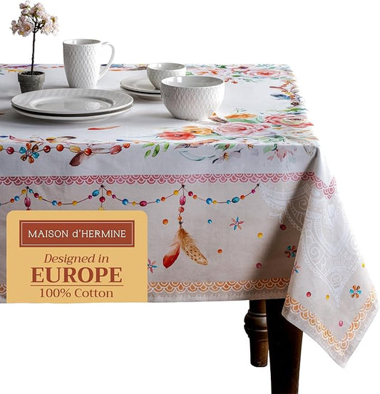 Maison d' Hermine Table Cloth Rectangle Table 100% Cotton 70 x 90 Inches Tablecloth Reusable Decorative for Dining Room, Farmhouse, Home, Party, Festive & Wedding Spring Summer - Ibiza - Beige