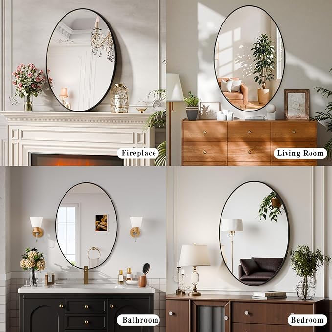 24"x36" Oval Bathroom Mirror with Black Metal Frame - Oval Wall Mirror Hanging or Leaning Vertical or Horizontal for Bedroom, Living Room, Entryway