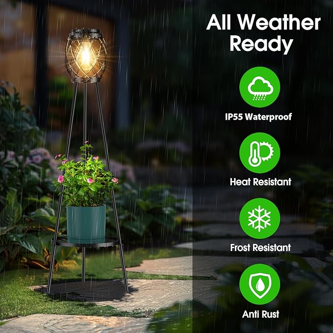 Solar Floor Lamp with Plant Stands，Solar Lights Outdoor with Vintage LED Edison Bulbs, Weatherproof Garden Lights for Pathway, Patio, Yard, 8-10 Hours Lighting, IP55 Waterproof
