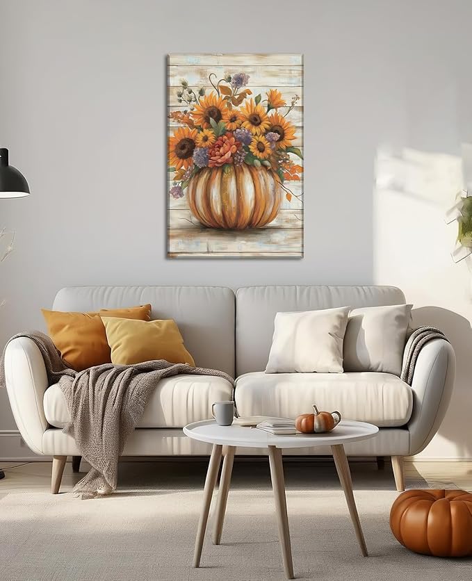 Pumpkin Wall Art Halloween Themed Canvas Wall Decor Sunflower Pictures Farmhouse Autumn Harvest Posters for Kitchen Bathroom Living Room Home Decor Frame - 16"x24"