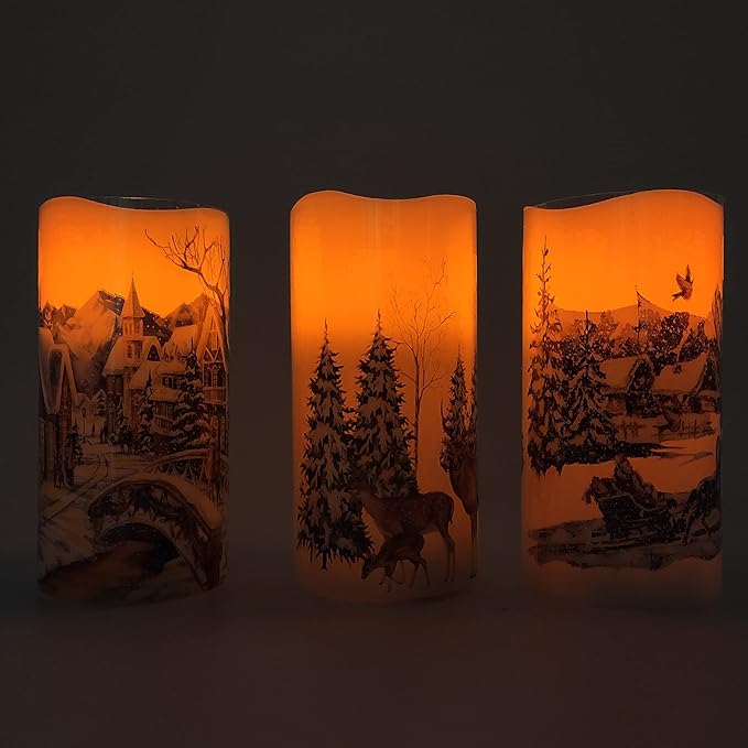 Christmas Flameless Candles Real Wax LED Candles Decor Battery Operated with Timer and Green Christmas Tree Decal,Set of 3,Warm Light
