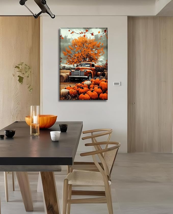 Autumn Wall Art Pumpkin Canvas Wall Decor Truck Picture Fall Harvest Painting Rustic Farmhouse Vintage Artwork for Living Room Bedroom Home Halloween Decor(Art-1,28.00"x42.00")