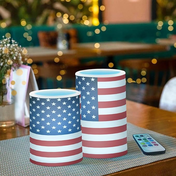 ALAZA US American Flag Independence Day 4th of July Flickering Flameless Candles Battery Operated with Remote Timer,Tea Light Candles LED Pillar Votive Candles Set of 2 for Outdoor Indoor Decorations