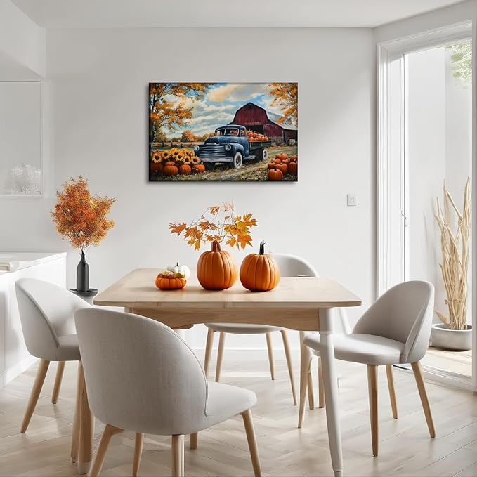 Autumn Wall Art Pumpkin Canvas Wall Decor Rustic Farmhouse Blue Truck Picture Fall Harvest Painting Vintage Artwork for Dining Room Living Room Bedroom Home Halloween Decor(Art-2,28.00"x42.00")