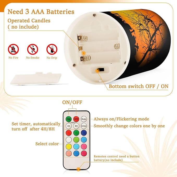 ALAZA Orange Halloween Castle Bat Flickering Flameless Candles Battery Operated with Remote Timer,Tea Light Candles LED Pillar Votive Candles Set of 2 for Outdoor Indoor Decorations 14