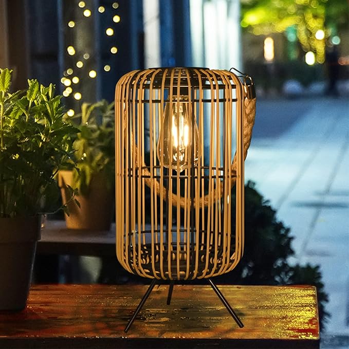 Solar Lantern Outdoor Waterproof, Large Solar Rattan Lantern Outdoor Hanging with Handle, Bright Solar Outdoor Lights with Edison Bulb for Garden Patio Yard Tabletop Decoration