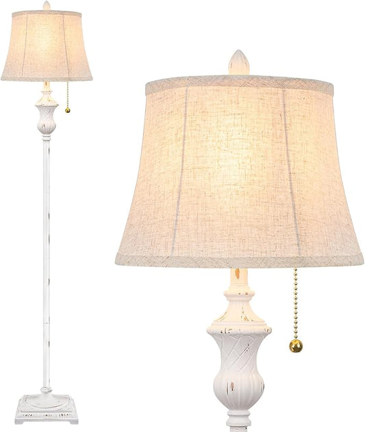 TOBUSA Rustic Vintage White Floor Lamp for Living Room Bedroom, 64inch Traditional Tall Floor Lamp with White Linen Shade, Retro LED Standing Pole Lamp Upright Floor Light for Home Decor, Pull Chain