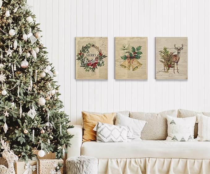 BIWSHA Christmas Wall Art Prints,Winter Retro Wall Posters Aesthetic Wall Art Set of 3,Reindeer Merry Christmas Decor Wall Prints for Living Room Bedroom Porch,11×14 Inch