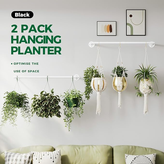 Bamworld Hanging Planters 2PCS for Indoor Plants Hanging Plant Holder Plant Hanger Indoor Ceiling Window Plant Shelves Wall Mount Black Metal Rod(Pot&Plant Not Included) White
