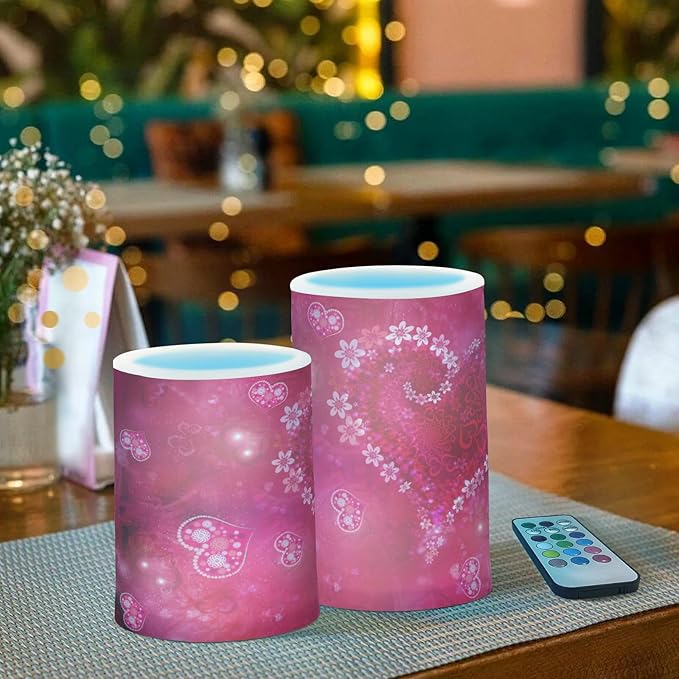 ALAZA Valentines Day Hot Pink Heart Flickering Flameless Candles Battery Operated with Remote Timer,Tea Light Candles LED Pillar Votive Candles Set of 2 for Outdoor Indoor Decorations