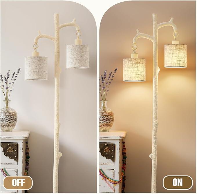 Rustic Floor Lamp for Living Room - Newly Upgraded Heavy-Duty Resin Base Farmhouse Floor Lamp with 2 Country Vintage Reading Light - Standing Tall Lamps for Bedroom Office Home Decor (Almond White)