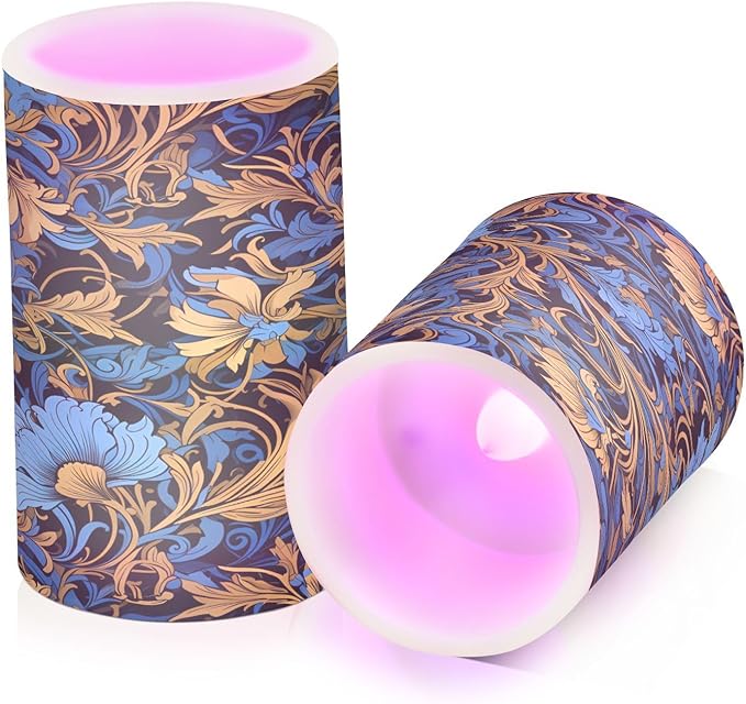 ALAZA Gold Navy Blue Floral01 Flickering Flameless Candles Battery Operated with Remote Timer,Tea Light Candles LED Pillar Votive Candles Set of 2 for Outdoor Indoor Decorations