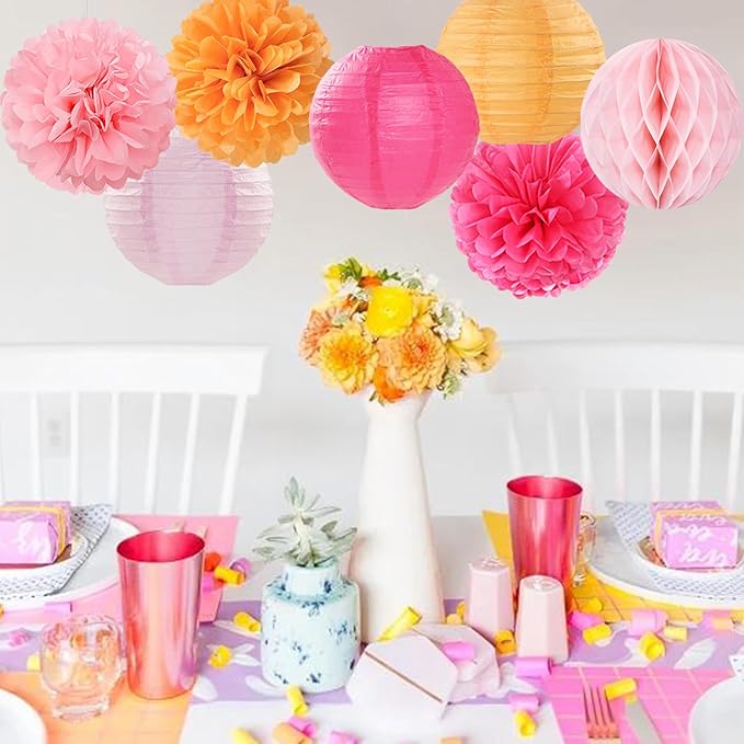Hot Pink Orange Paper Flowers Tissue Pom Poms Honeycomb Lanterns 15pcs Party Decorations Fall Thanksgiving Wedding Baby Bridal Shower Birthday Autumn Groovy Sunset Hanging Supplies Mprocherify