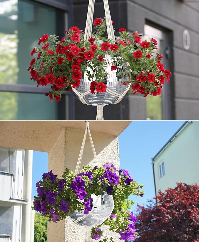 Disco Ball Planter, 1pcs 9” Silver Disco Ball Planter, Disco Ball Plant Hanger with Hanging Rope, Hanging Chain, Hook, Circle and Extra Mirror Pieces(9" Silver, 1pcs)