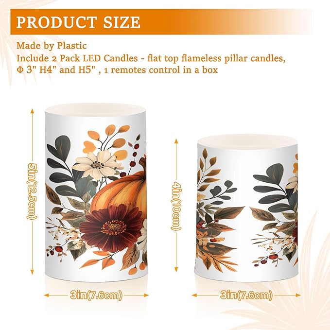 ALAZA Thanksgiving Pumpkin Fall Autumn Flickering Flameless Candles Battery Operated with Remote Timer,Tea Light Candles LED Pillar Votive Candles Set of 2 for Outdoor Indoor Decorations