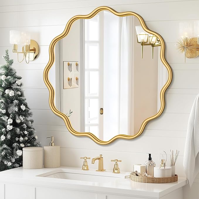 PROHOMEWARE Gold Round Mirror 30 Inch Wavy Bathroom Vanity Mirror Gold Frame Modern Wall Mirror Decorative Wall-Mounte Anti-Rust, Tempered Glass